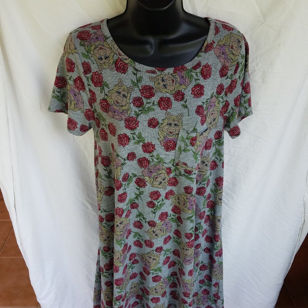LuLaRoe Carly XS Miss Piggy Red Roses Gray Dress